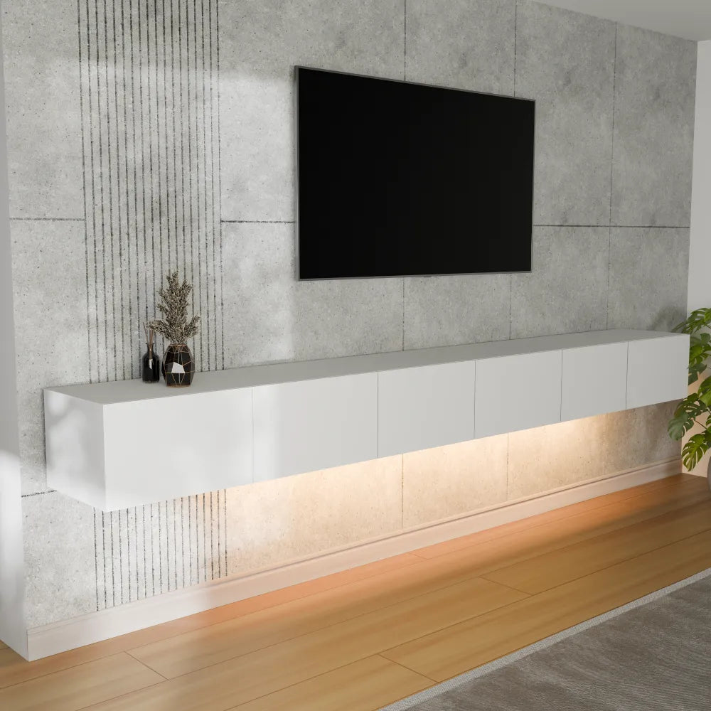 Mora Fernsehschrank | Hängend & Stehend | TV Lowboard 300 cm Matt Weiß