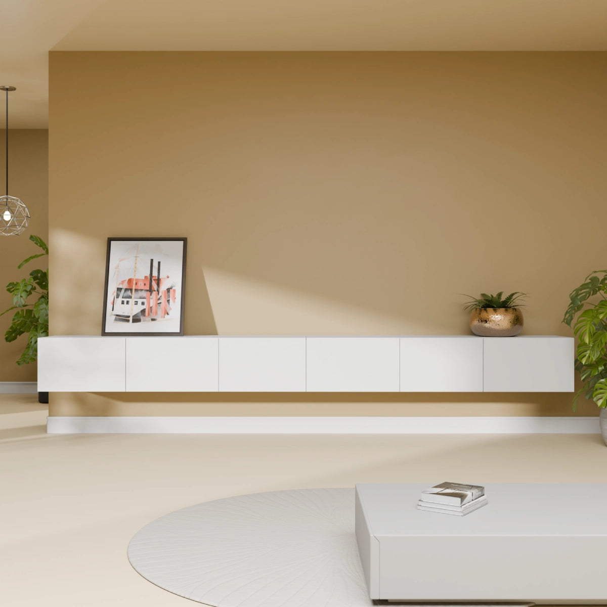 Mora Fernsehschrank | Hängend & Stehend | TV Lowboard 300 cm Matt Weiß