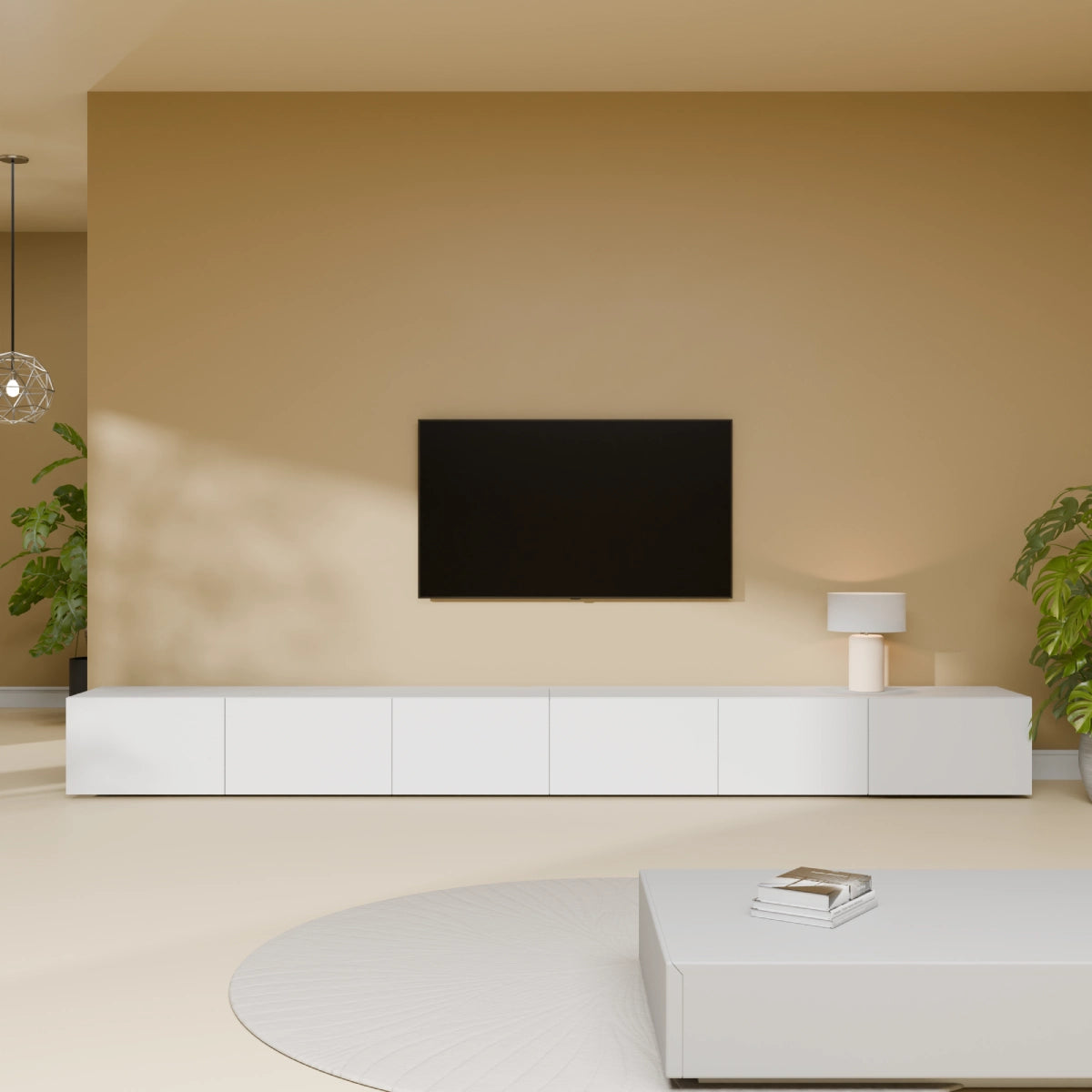 Mora Fernsehschrank | Hängend & Stehend | TV Lowboard 300 cm Matt Weiß