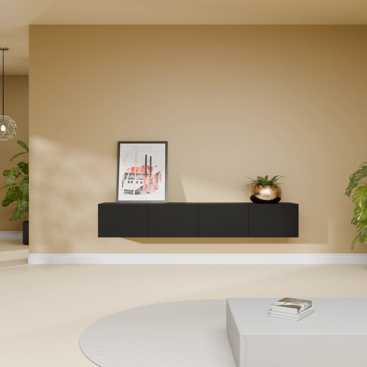 Mora Fernsehschrank | Hängend & Stehend | TV Lowboard 180 cm Matt Schwarz