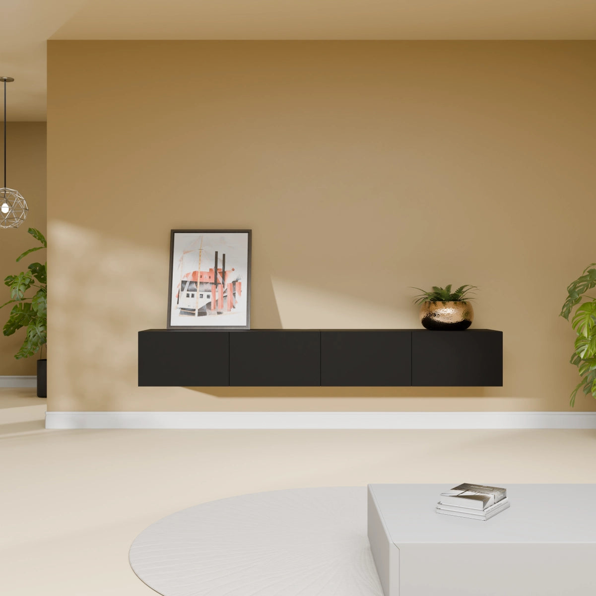 Mora Fernsehschrank | Hängend & Stehend | TV Lowboard 200 cm Matt Schwarz